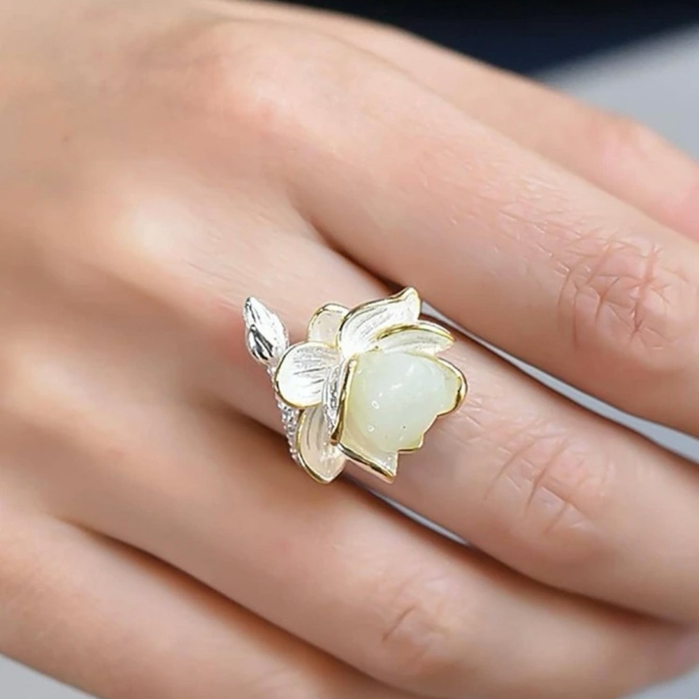 Two-Tone Floral Ring with Pale White Jade Center